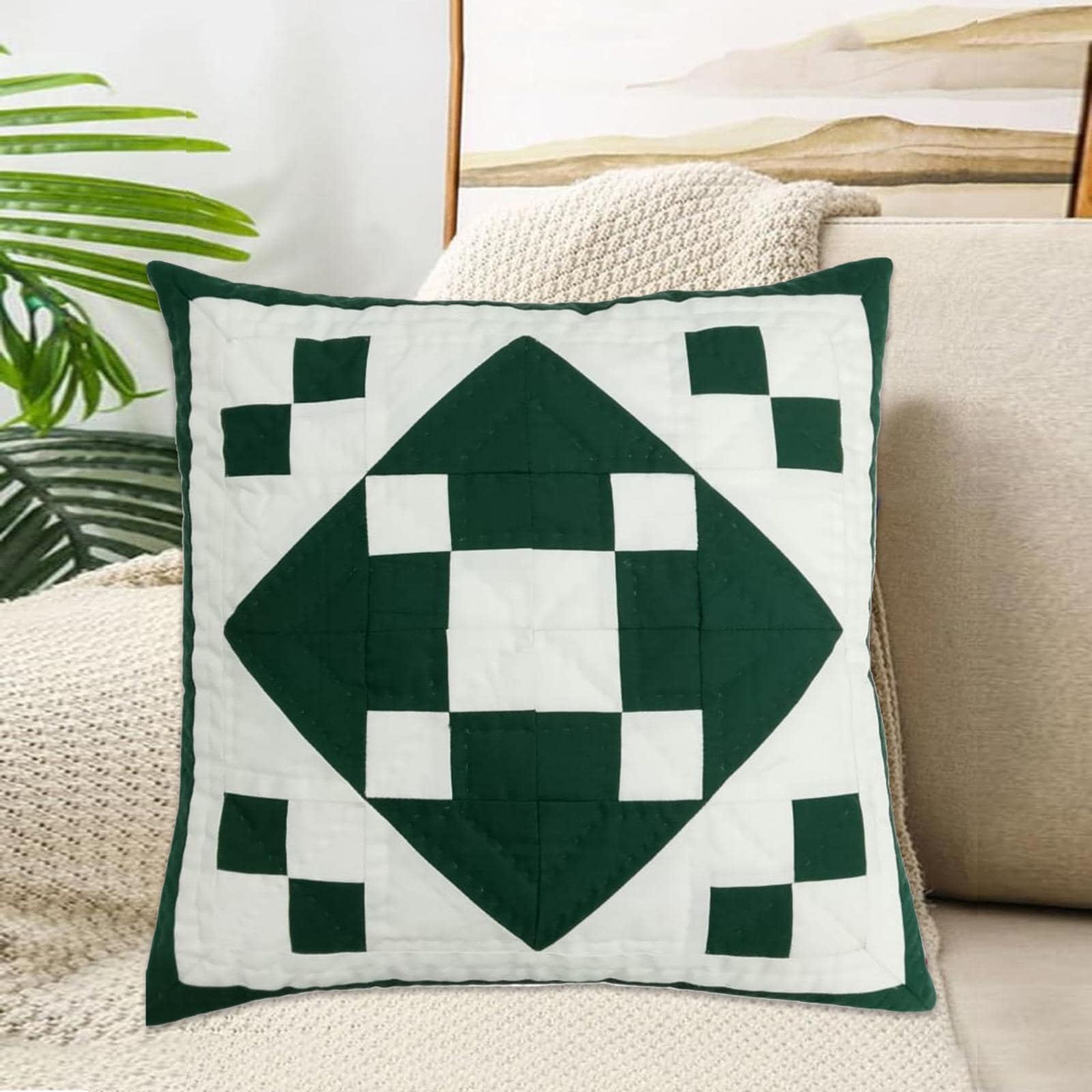 Hand made hand quilted patchwork pillow cover, cushion cover, throw pillow calico green diamond square by HOME HEART Brands(made in India)