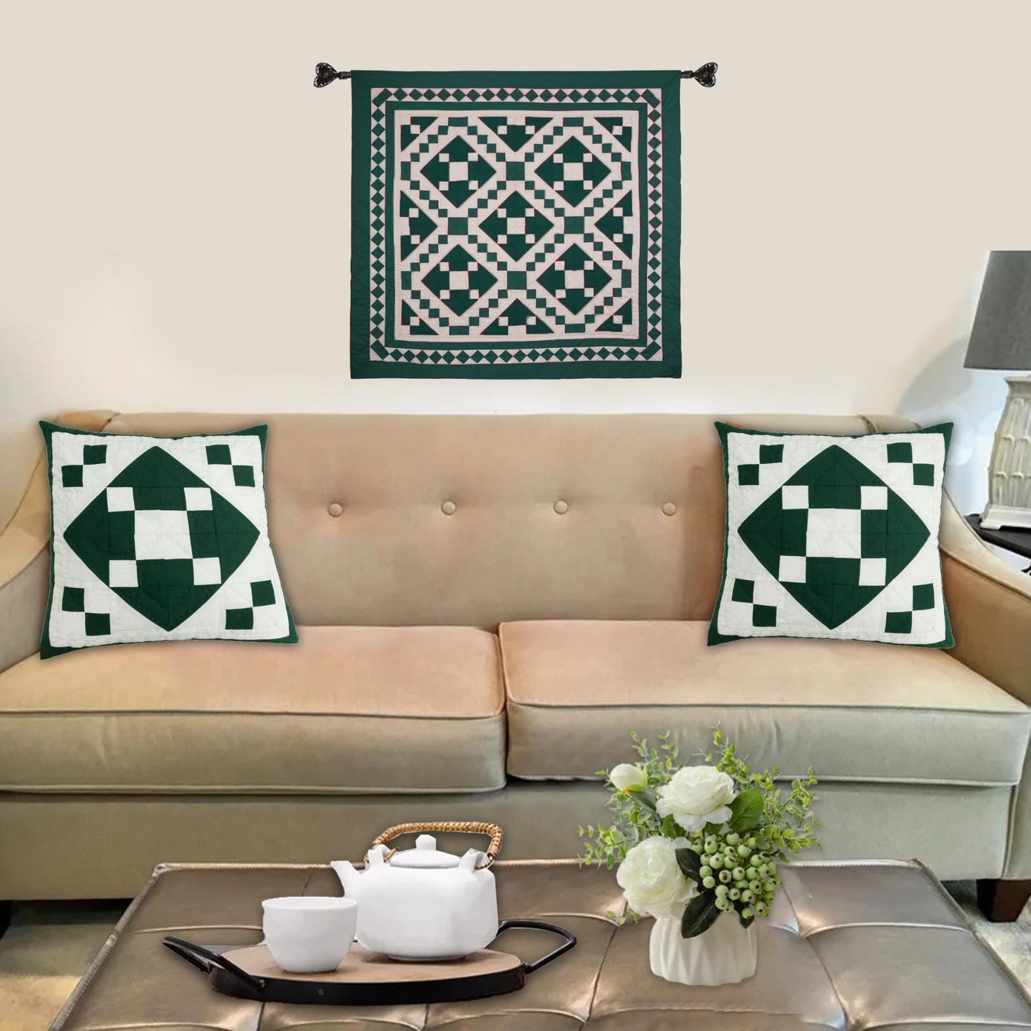 Hand made hand quilted patchwork pillow cover, cushion cover, throw pillow calico green diamond square by HOME HEART Brands(made in India)