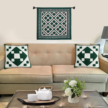 Hand made hand quilted patchwork pillow cover, cushion cover, throw pillow calico green diamond square by HOME HEART Brands(made in India)