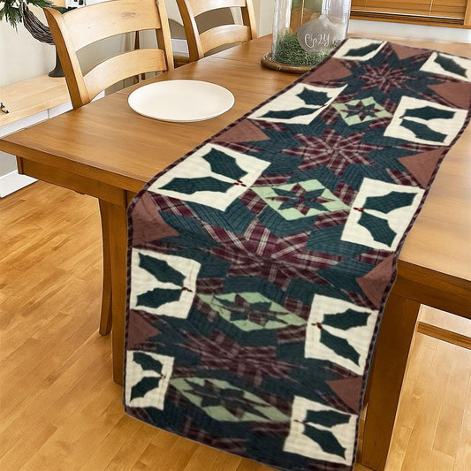 Table Runner Christmas Holly Star 15"x73" Holiday Decor Hand Quilted ,Embroidered table runner plaid fabric by HOME HEART Brands(Made India)