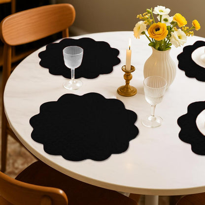 Dupioni Silk Black Reversible Quilted Scalloped round Placemat – 15 Inch placemat & Table toppers by HOME HEART Brands
