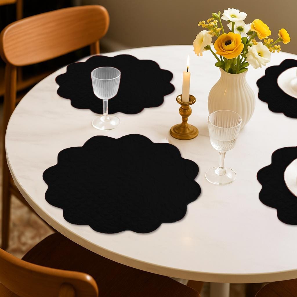 Dupioni Silk Black Reversible Quilted Scalloped round Placemat – 15 Inch placemat & Table toppers by HOME HEART Brands
