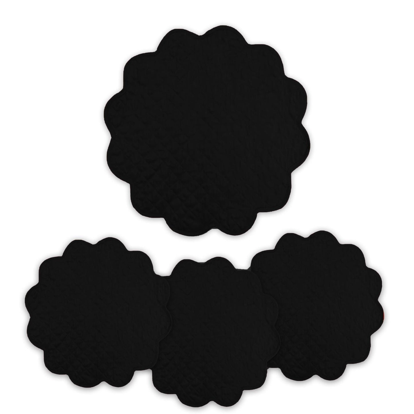 Dupioni Silk Black Reversible Quilted Scalloped round Placemat – 15 Inch placemat & Table toppers by HOME HEART Brands