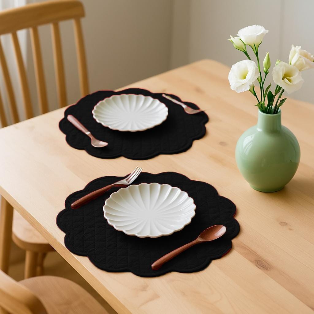 Dupioni Silk Black Reversible Quilted Scalloped round Placemat – 15 Inch placemat & Table toppers by HOME HEART Brands