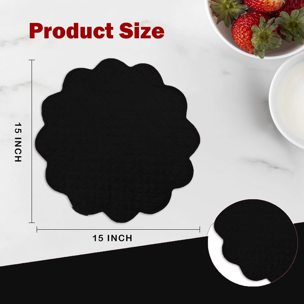Dupioni Silk Black Reversible Quilted Scalloped round Placemat – 15 Inch placemat & Table toppers by HOME HEART Brands