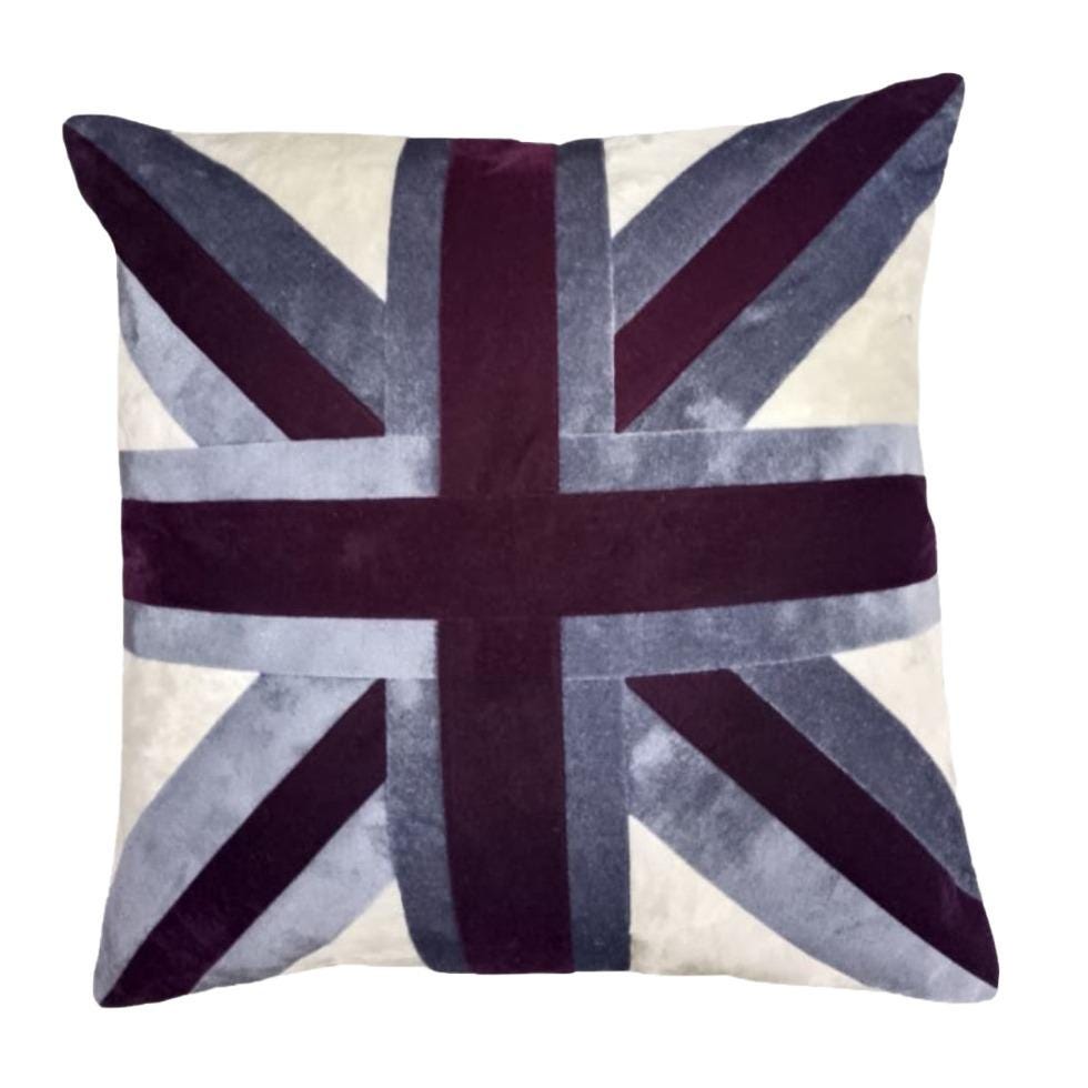 Velvet Union Jack pillow cover, cushion cover grey & purple  micro velvet fabric (pillow not included) by HOME HEART Brands(made in India)