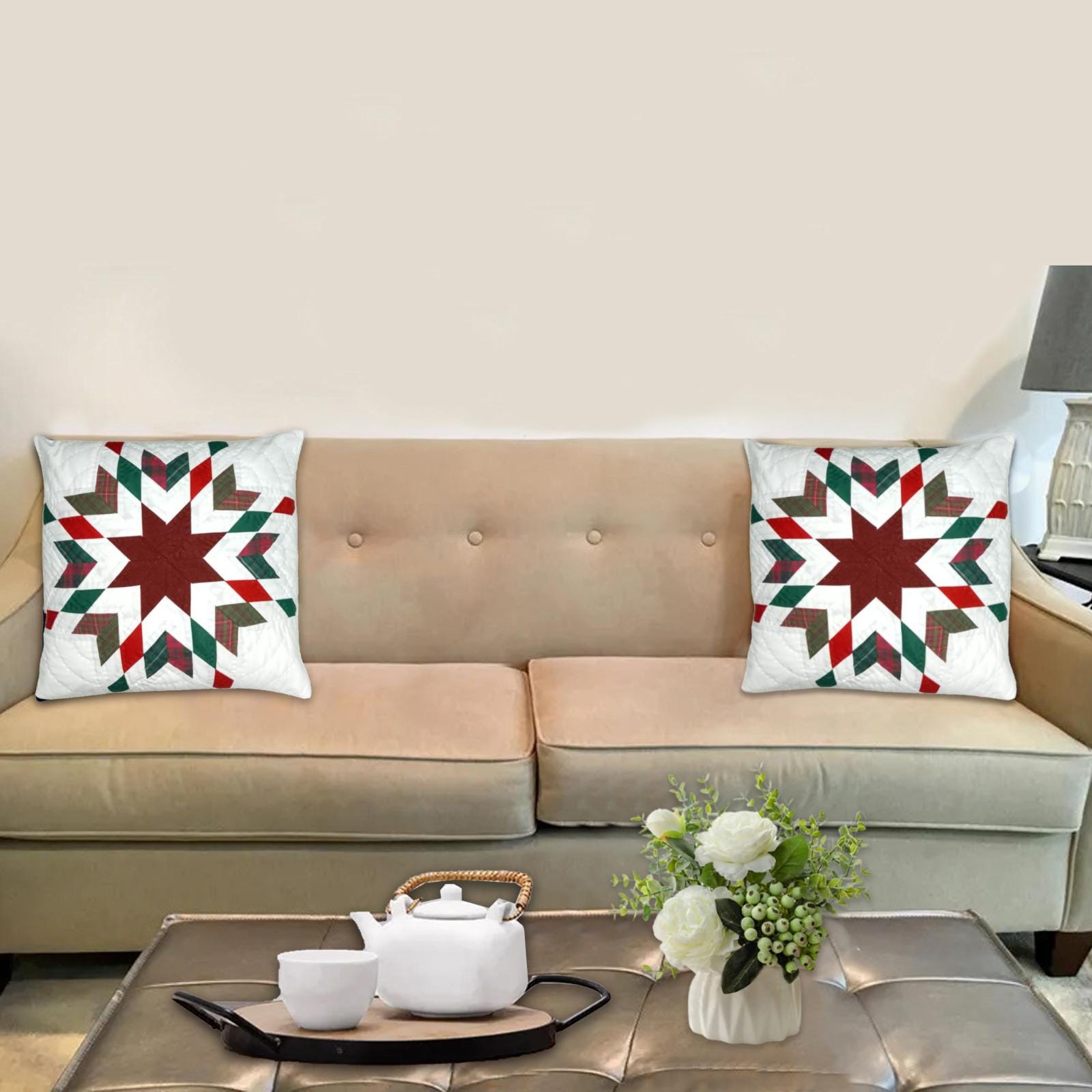 Hand made hand quilted patchwork pillow cover, cushion cover, throw pillow calico red Star garland by HOME HEART Brands(made in India)