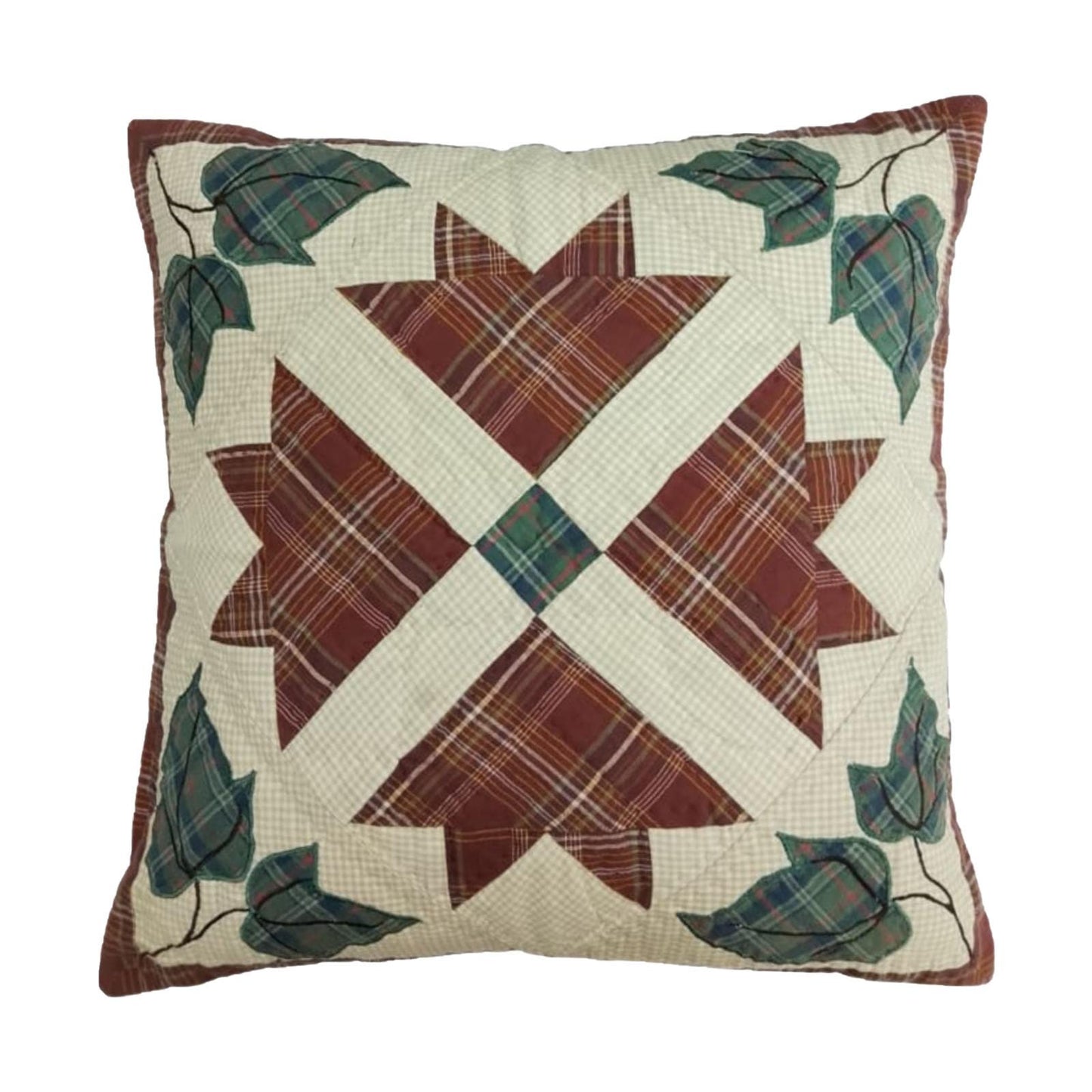Pillow cover 16"x16" hand quilted cushion cover,decorative throw pillow Rustic Maple Leaf country plaid HOME HEART Brands(made in India)