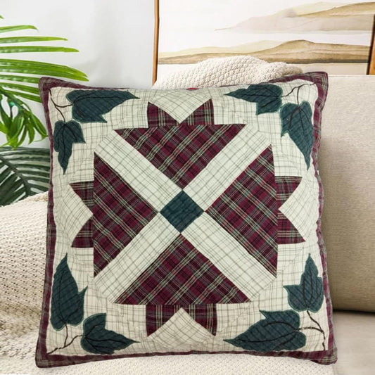 Pillow cover 16"x16" hand quilted cushion cover,decorative throw pillow Rustic Maple Leaf country plaid HOME HEART Brands(made in India)