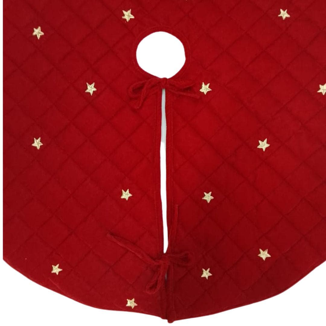 Christmas tree skirt micro red Velvet fabric Quilted with with Gold Star Embroidery. Thick Double Layer quilted by HOME HEART Brands