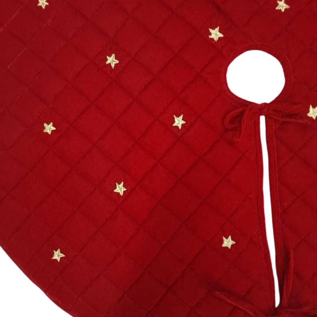 Christmas tree skirt micro red Velvet fabric Quilted with with Gold Star Embroidery. Thick Double Layer quilted by HOME HEART Brands