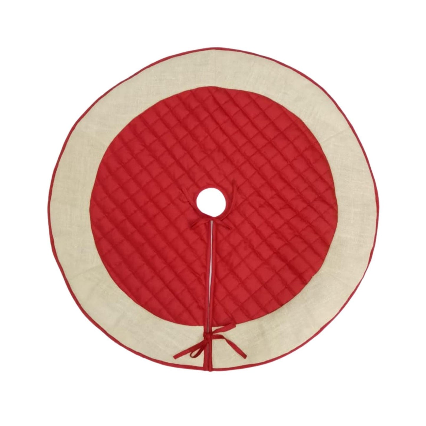 Christmas tree skirt quilted classic red dupioni silk with ivory lurex jute border thick Double Layer by Home Heart Brands(Made in India)