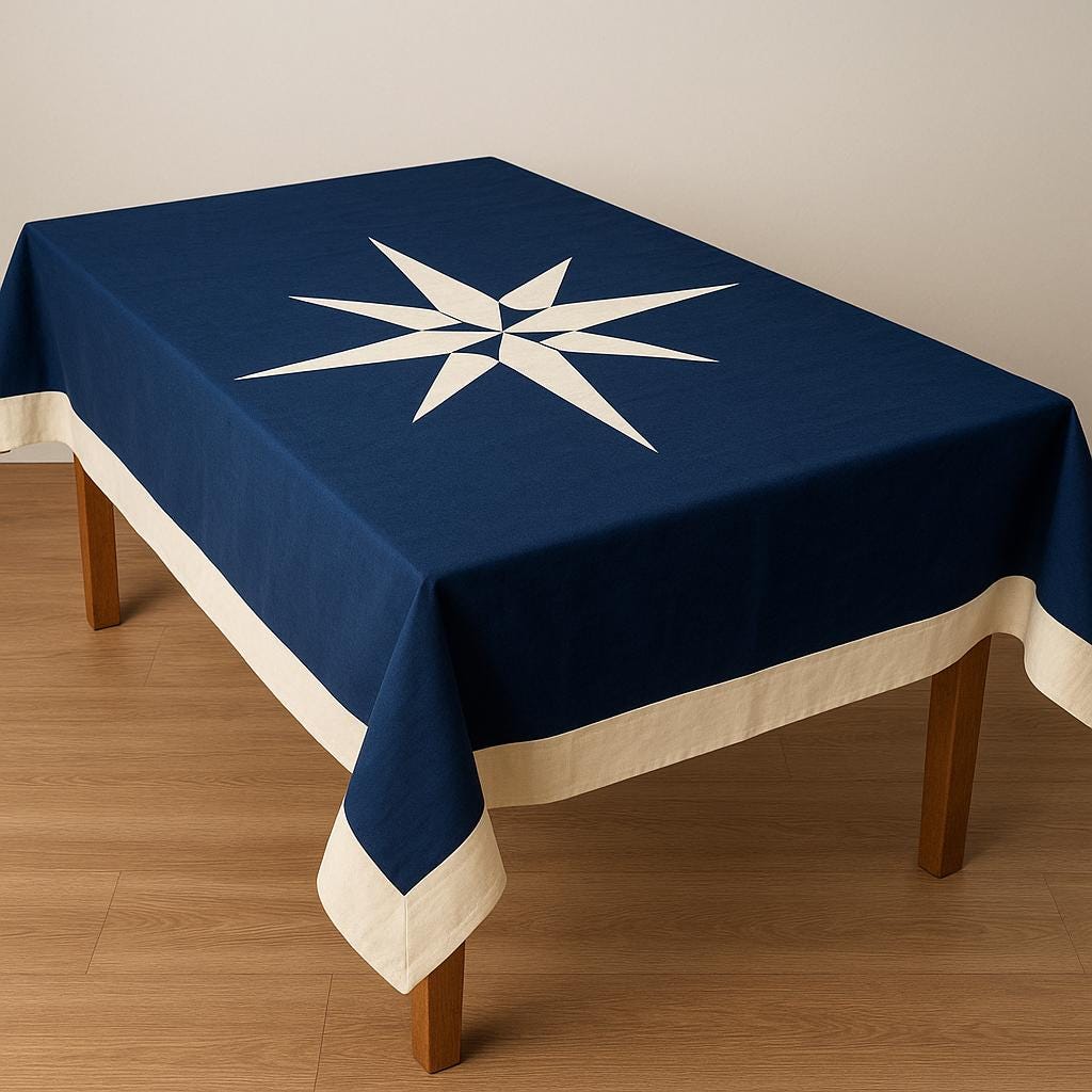 Table Cloth  Compass Star Navy Blue & Off-White Patchwork handmade duck cotton 10oz(310gsm) tablecover Made in India by Home Heart Brand