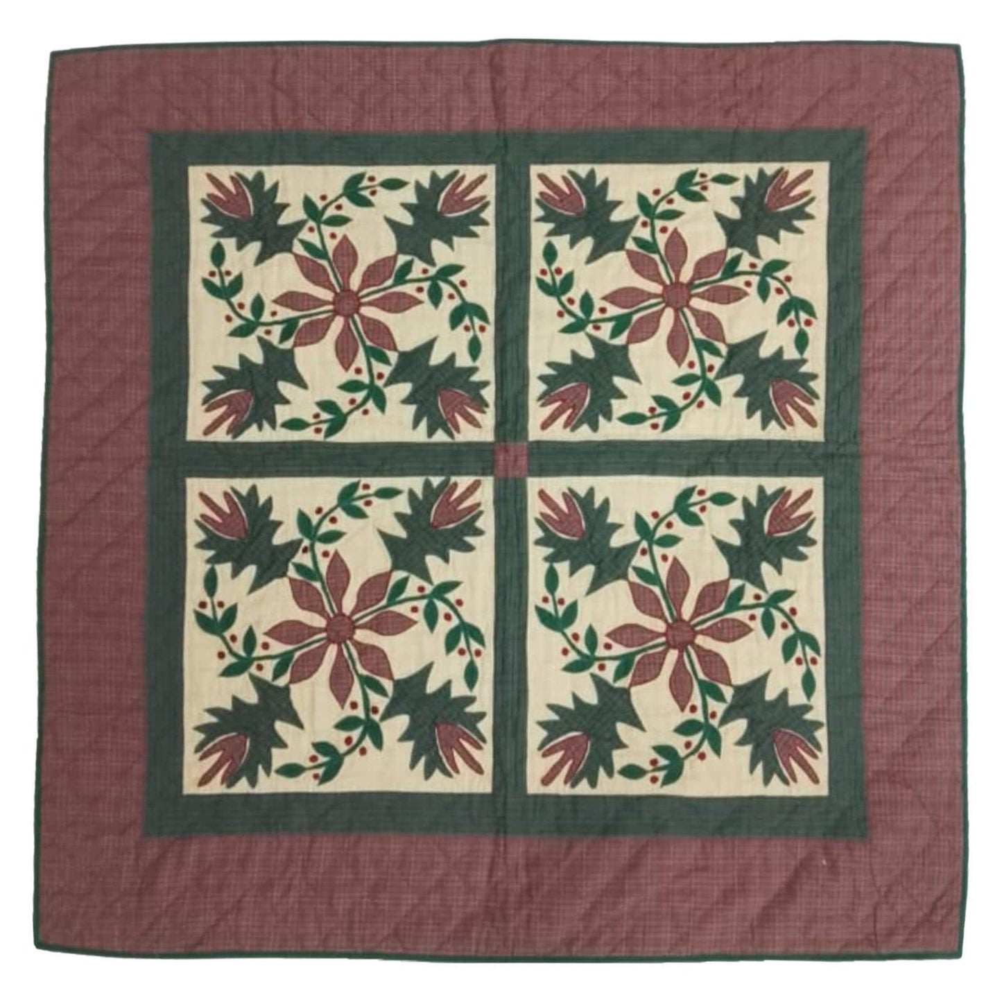 Hand Quilted Poinsettia Cotton Throw: Christmas Table Topper (44"x44")