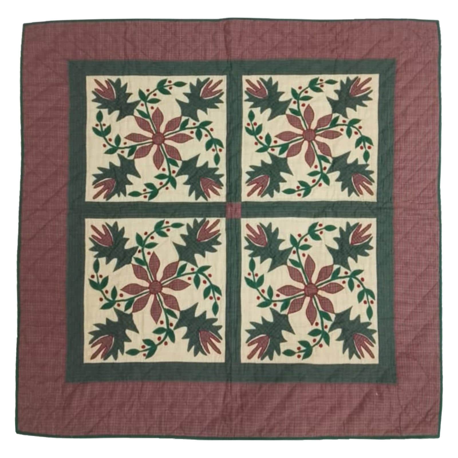 Hand Quilted Poinsettia Cotton Throw: Christmas Table Topper (44"x44")