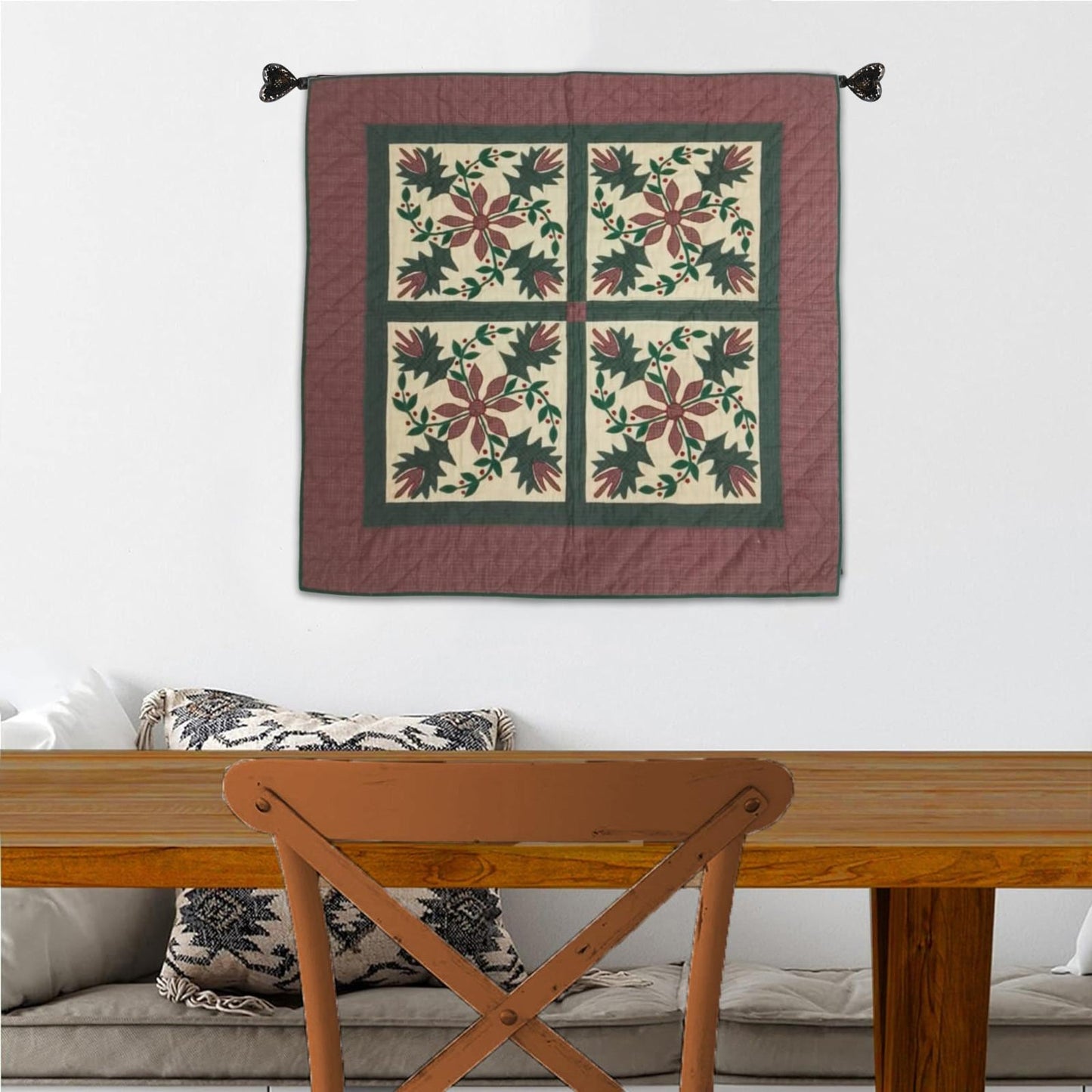 Hand Quilted Poinsettia Cotton Throw: Christmas Table Topper (44"x44")