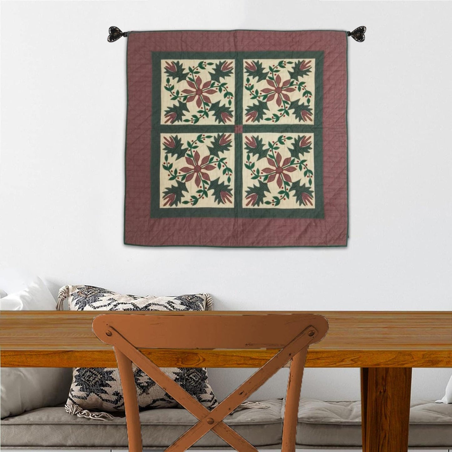 Hand Quilted Poinsettia Cotton Throw: Christmas Table Topper (44"x44")