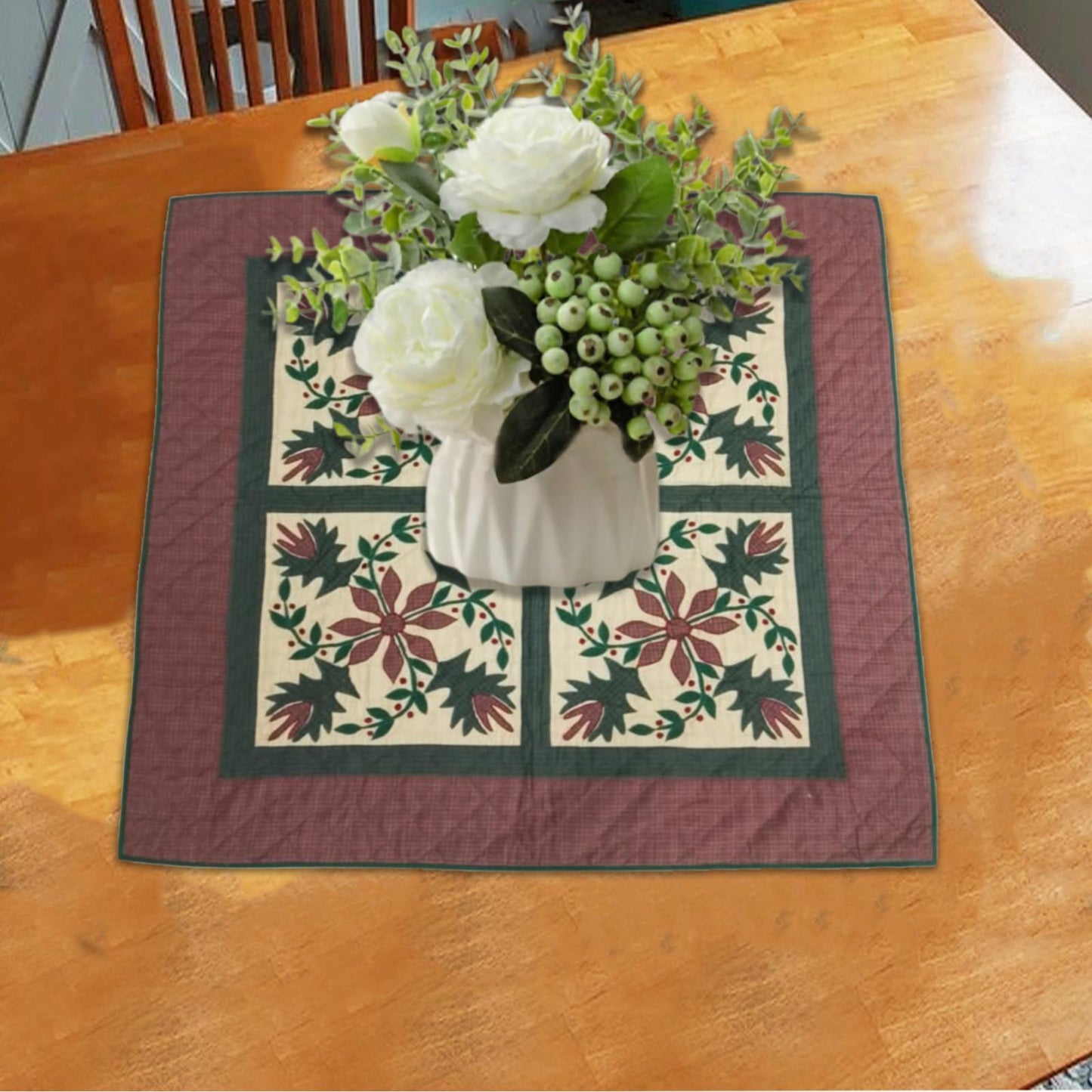 Hand Quilted Poinsettia Cotton Throw: Christmas Table Topper (44"x44")