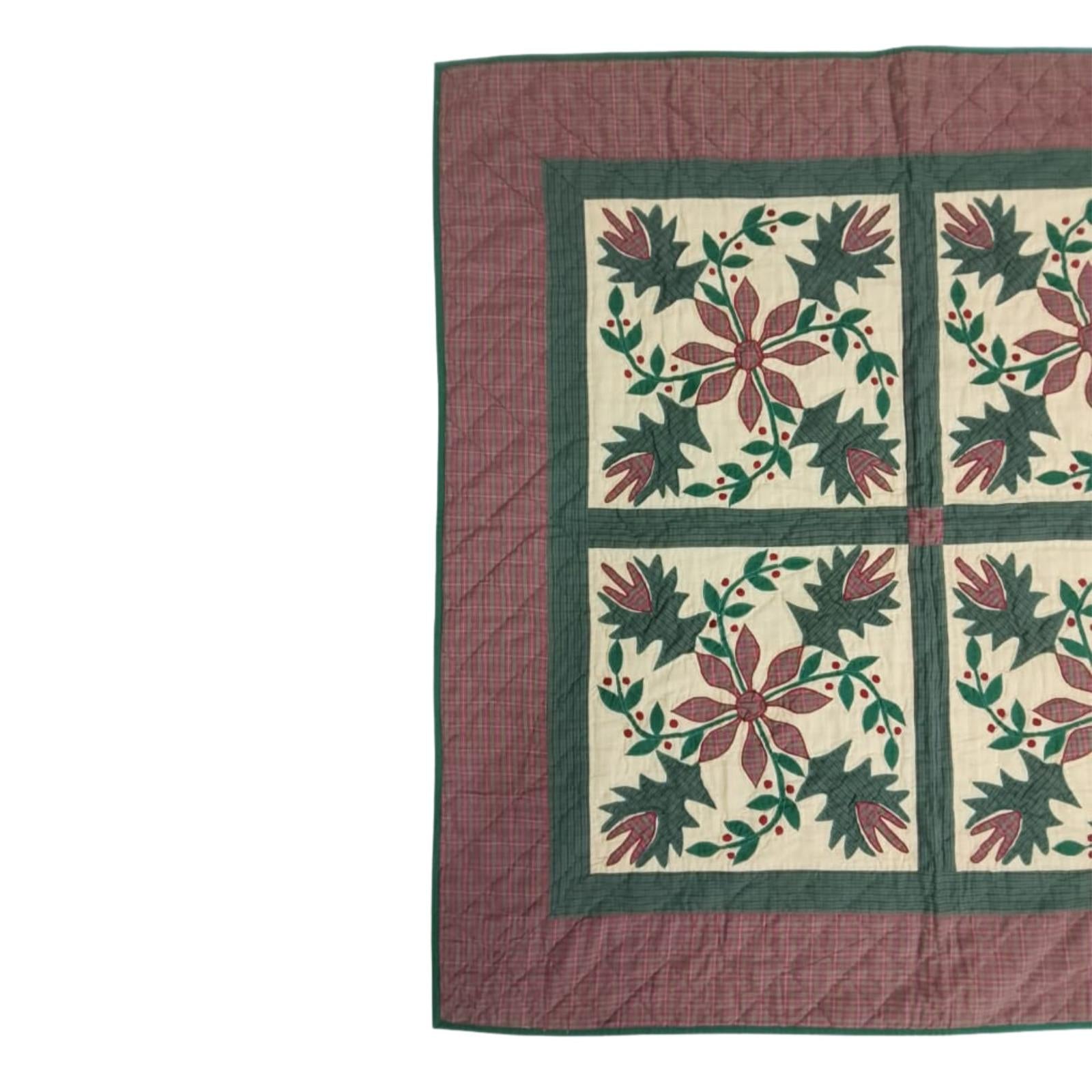 Hand Quilted Poinsettia Cotton Throw: Christmas Table Topper (44"x44")