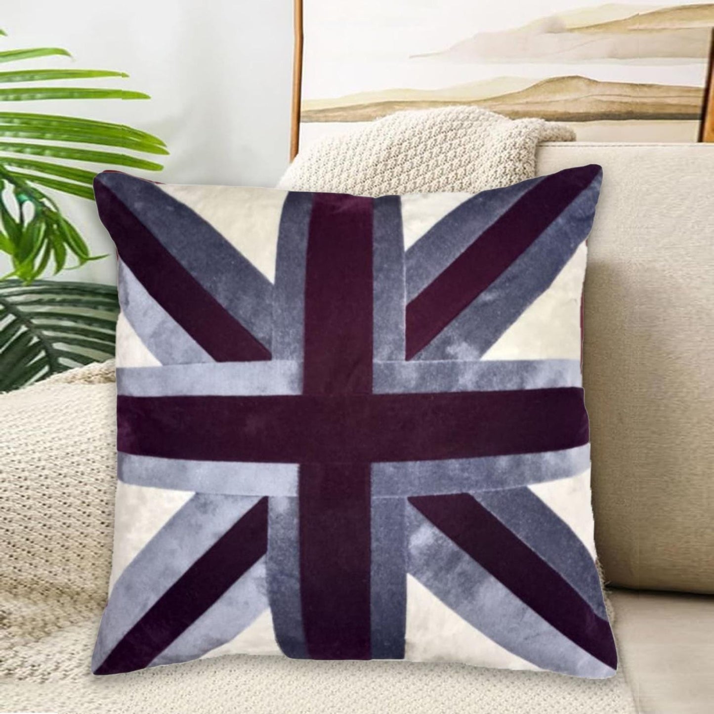 Velvet Union Jack pillow cover, cushion cover grey & purple  micro velvet fabric (pillow not included) by HOME HEART Brands(made in India)