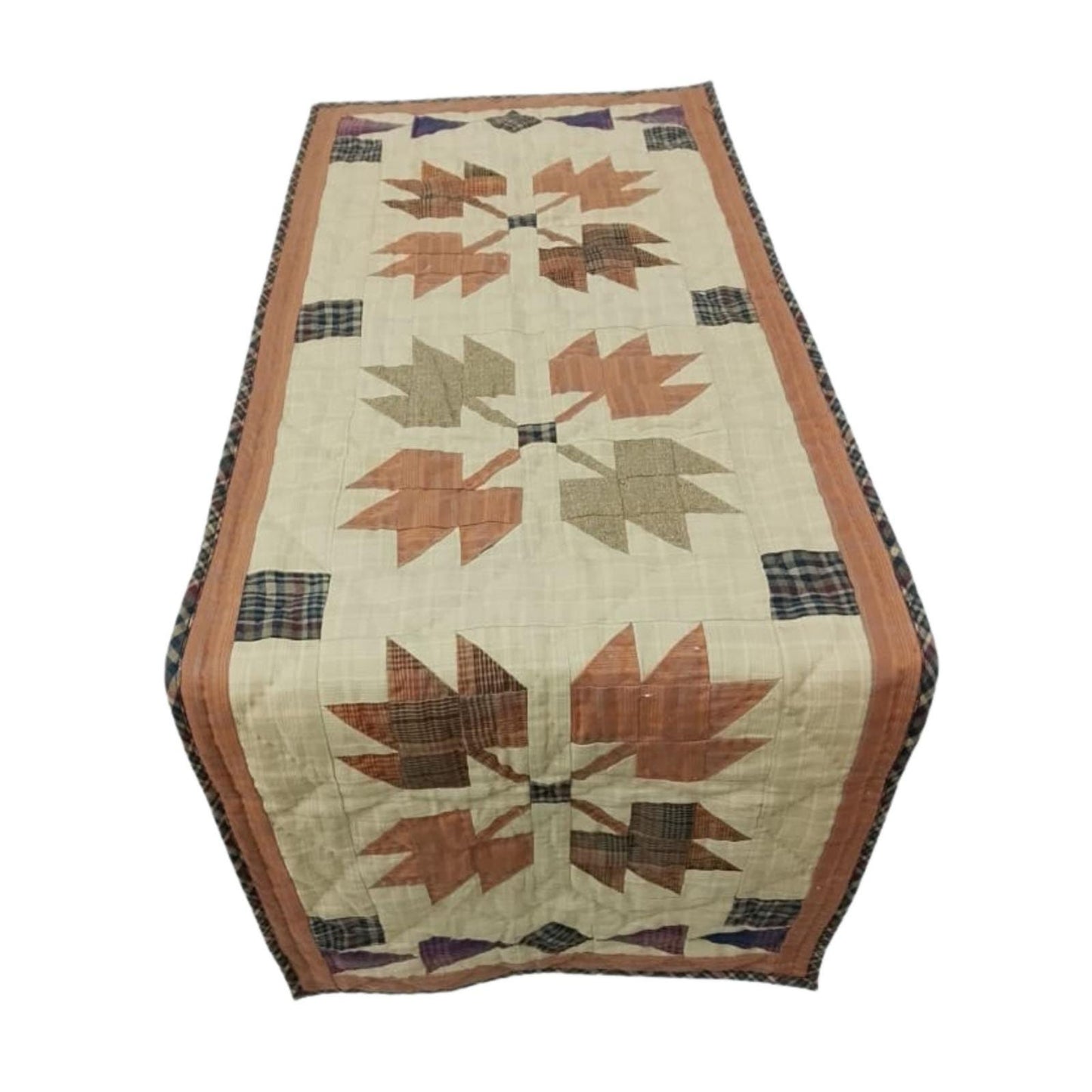 Hand-Quilted Autumn Leaves Table Runner: Country Plaid Patchwork