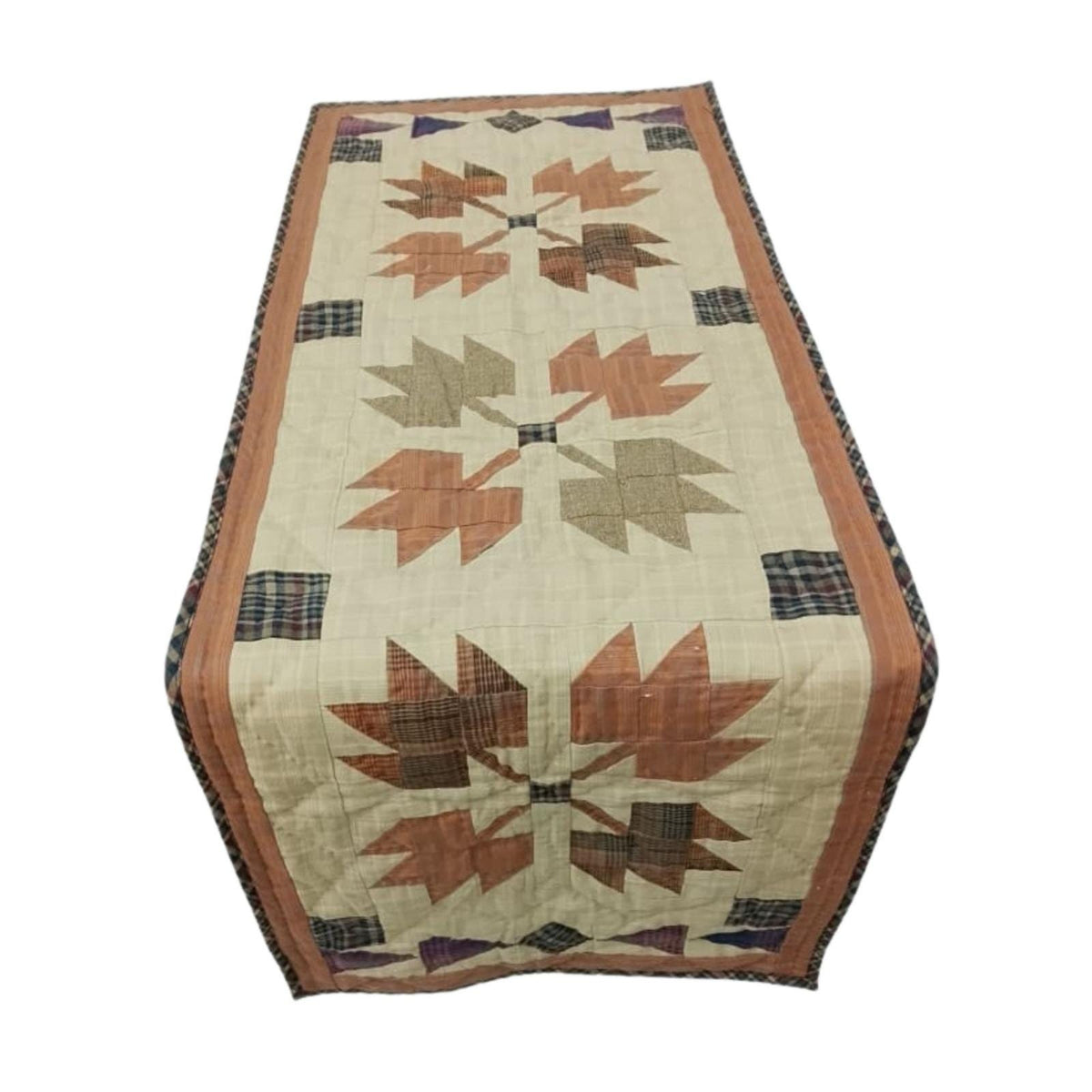 Hand-Quilted Autumn Leaves Table Runner: Country Plaid Patchwork