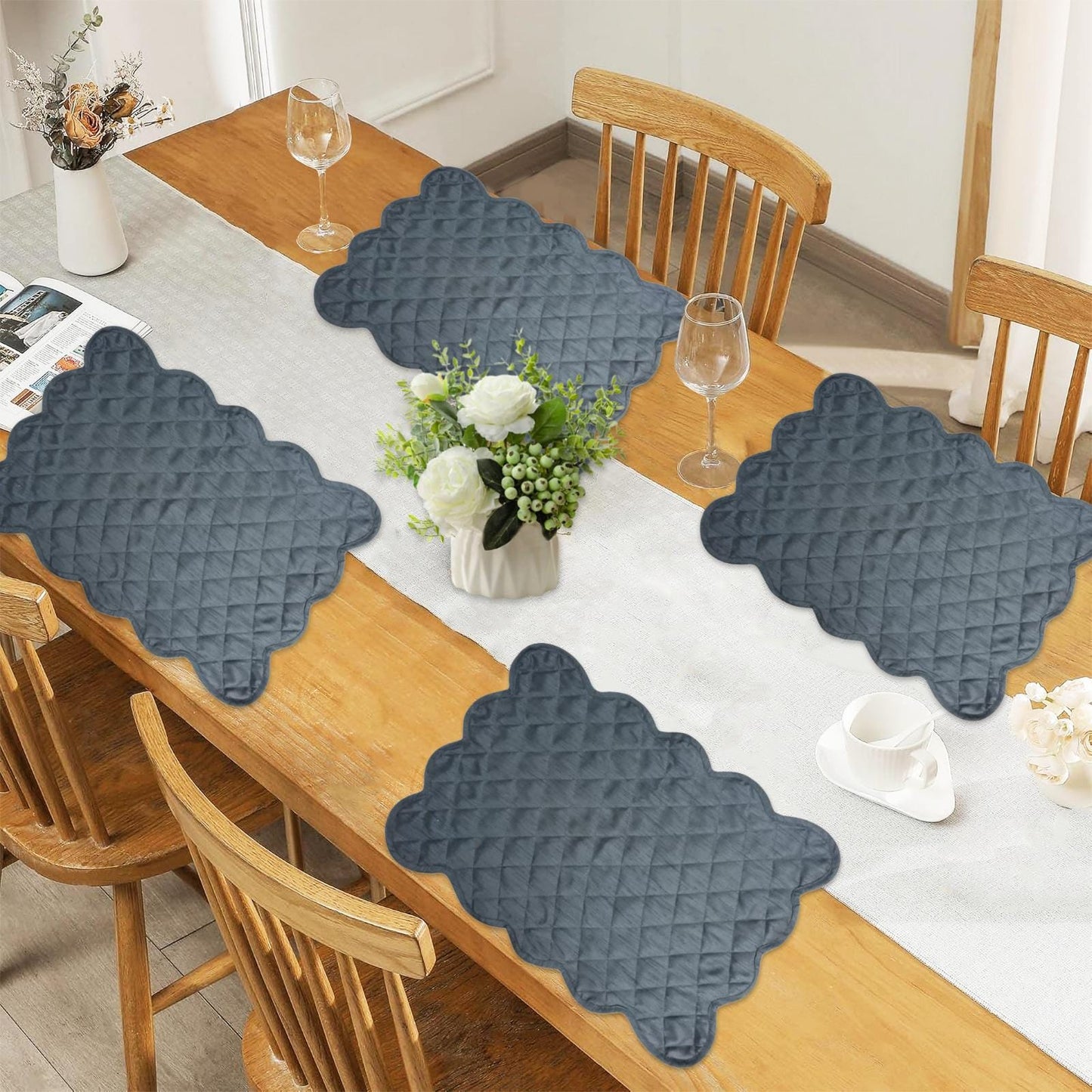 Dupioni Silk Charcoal Grey reversible Quilted Table runner, Trivet, placemat  & Table toppers design by HOME HEART Brands