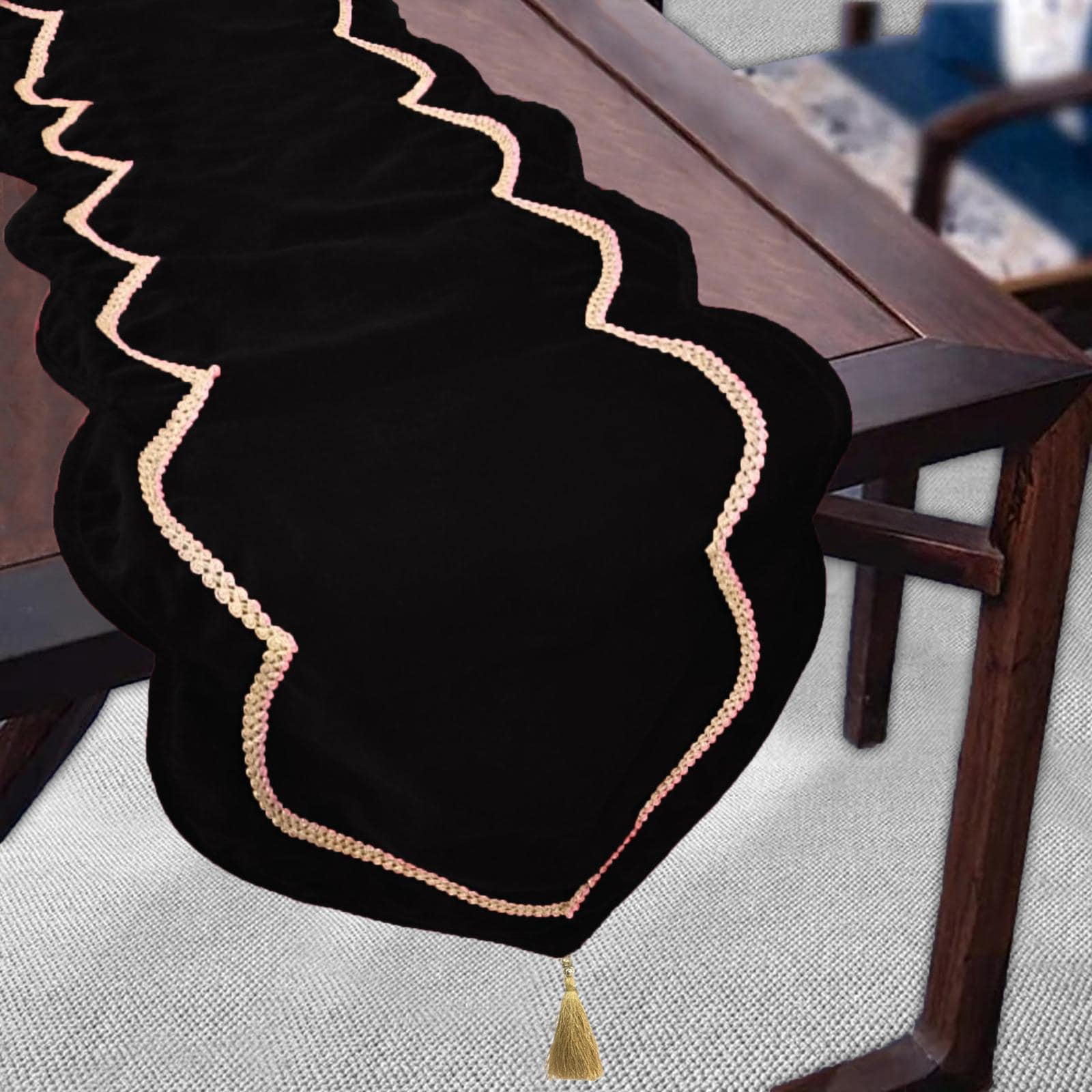 Table runner velvet Handcrafted Scallop Design black Velvet, Gold Trim Double Layer Heirloom by HOME HEART Brands(Made in India)