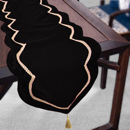 Table runner velvet Handcrafted Scallop Design black Velvet, Gold Trim Double Layer Heirloom by HOME HEART Brands(Made in India)