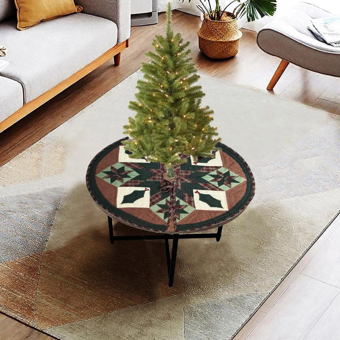 Christmas tree skirt 24" Round for Tabletop Trees. Christmas Star hand Quilted Handmade Heirloom Quality by HOME HEART Brands(Made in India)