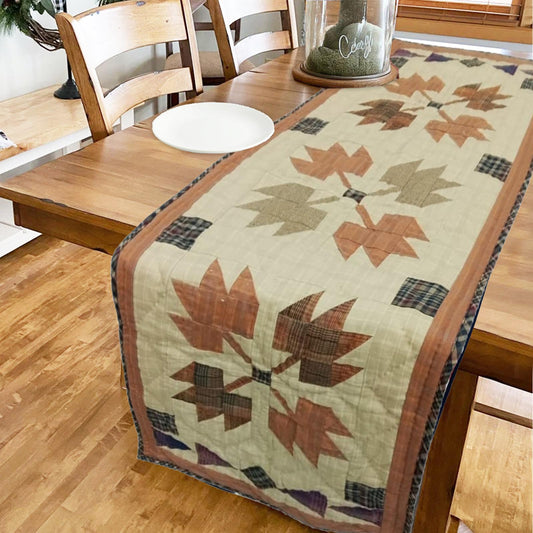 Hand-Quilted Autumn Leaves Table Runner: Country Plaid Patchwork