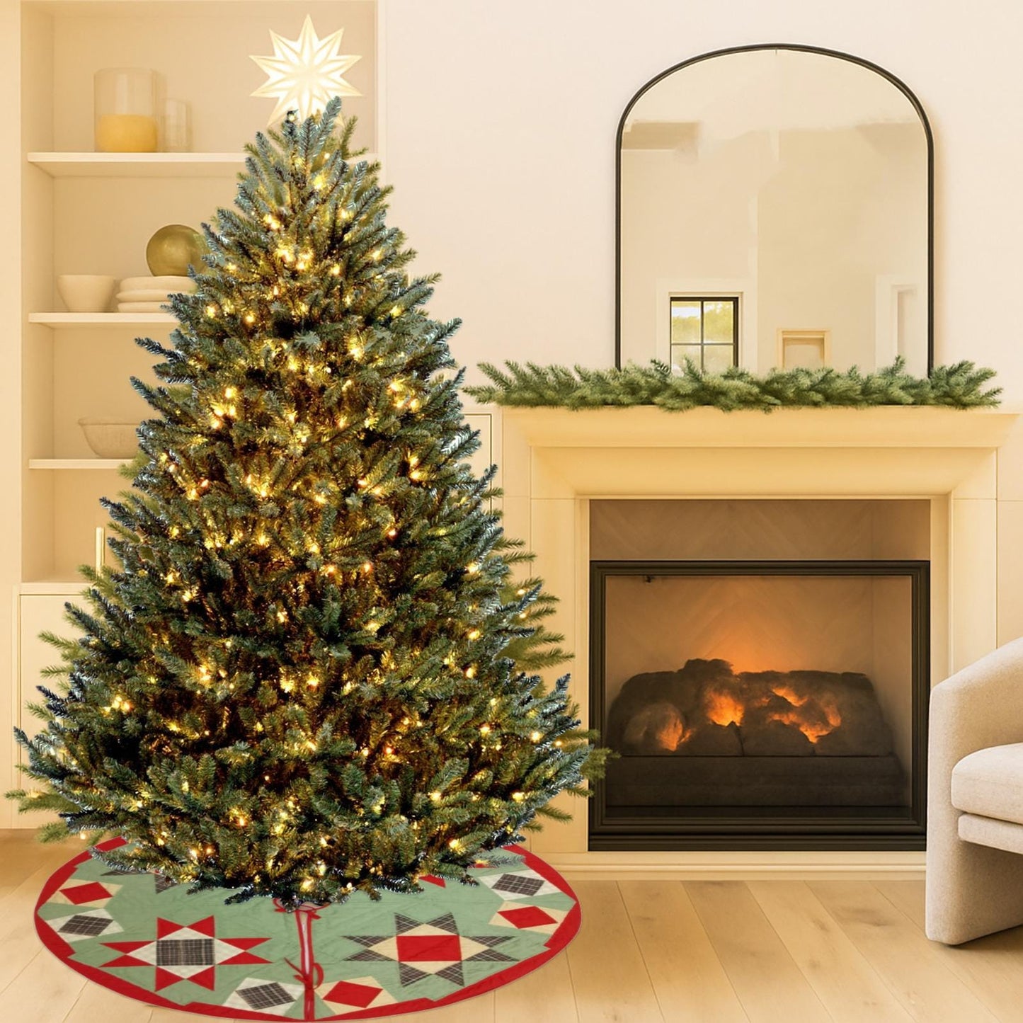 Christmas tree skirt hand made patchwork Heavenly Star calico plaid Heirloom Quality christmas tree skirt by HOME HEART Brands Made in India