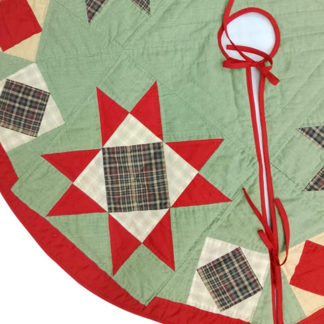 Christmas tree skirt hand made patchwork Heavenly Star calico plaid Heirloom Quality christmas tree skirt by HOME HEART Brands Made in India