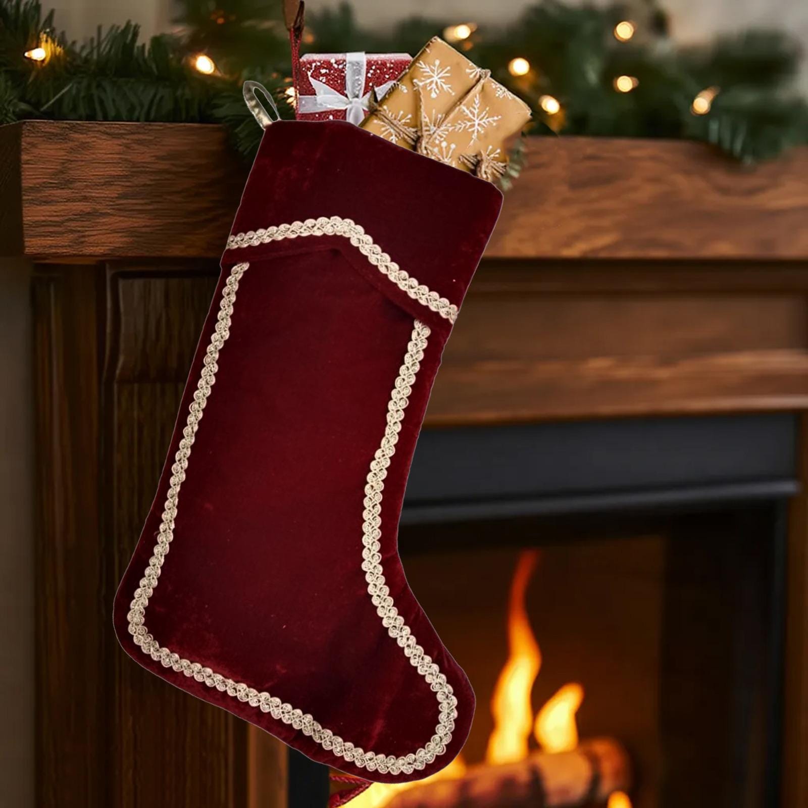 Christmas stocking hand made Burgundy Velvet 19 inch with Gold Trim traditional christmas stocking by HOME HEART Brands(Made in India)