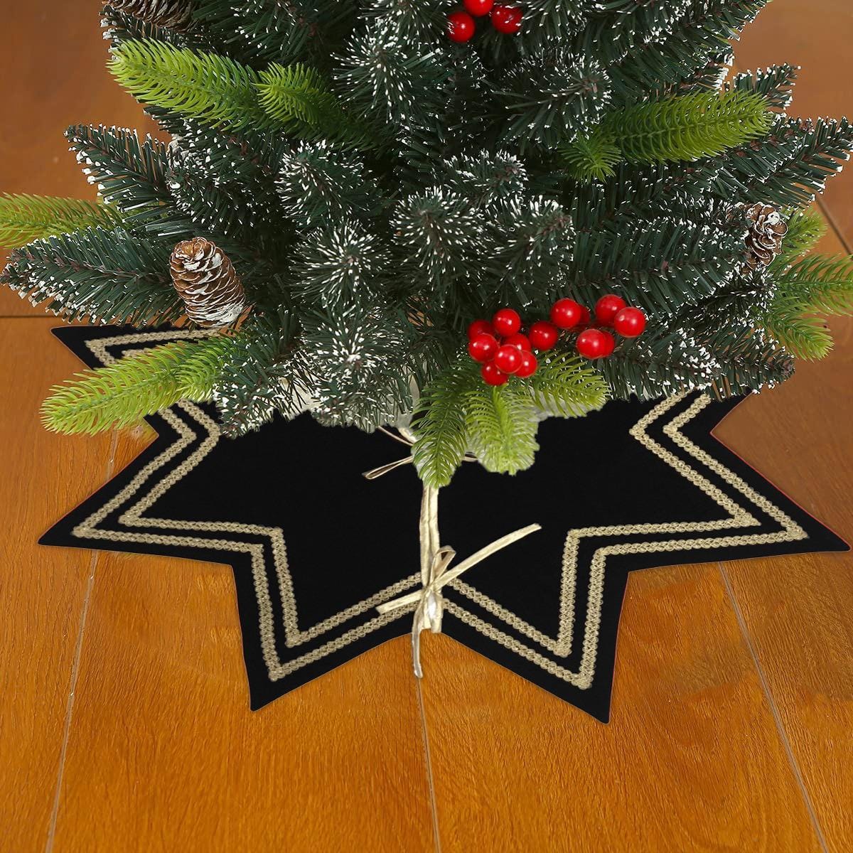 Christmas Tree Skirt Handcrafted Star Design black Velvet, Gold Trim Double Layer Heirloom by HOME HEART Brands(Made in India)