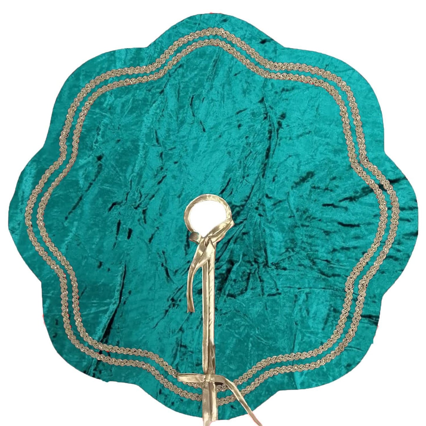 Christmas Tree Skirt Emerald Crinkle Velvet Handcrafted Scallop Design Gold Trim Double Layer by HOME HEART Brands(Made in India)