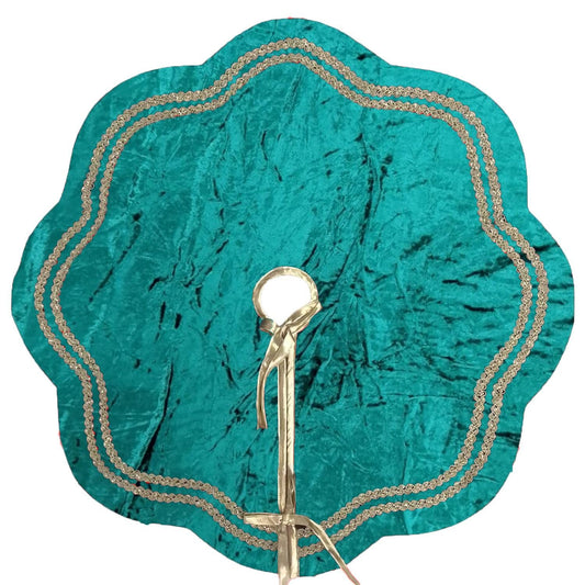 Christmas Tree Skirt Emerald Crinkle Velvet Handcrafted Scallop Design Gold Trim Double Layer by HOME HEART Brands(Made in India)