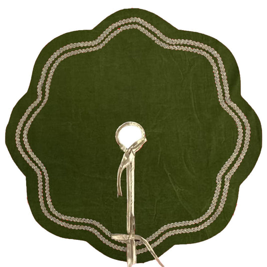 Christmas Tree Skirt Handcrafted Scallop Design ,Elegant Green Velvet with Gold Trim Double Layer by HOME HEART Brands(Made in India)