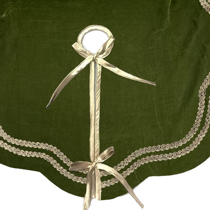 Christmas Tree Skirt Handcrafted Scallop Design ,Elegant Green Velvet  with Gold Trim Double Layer by HOME HEART Brands(Made in India)