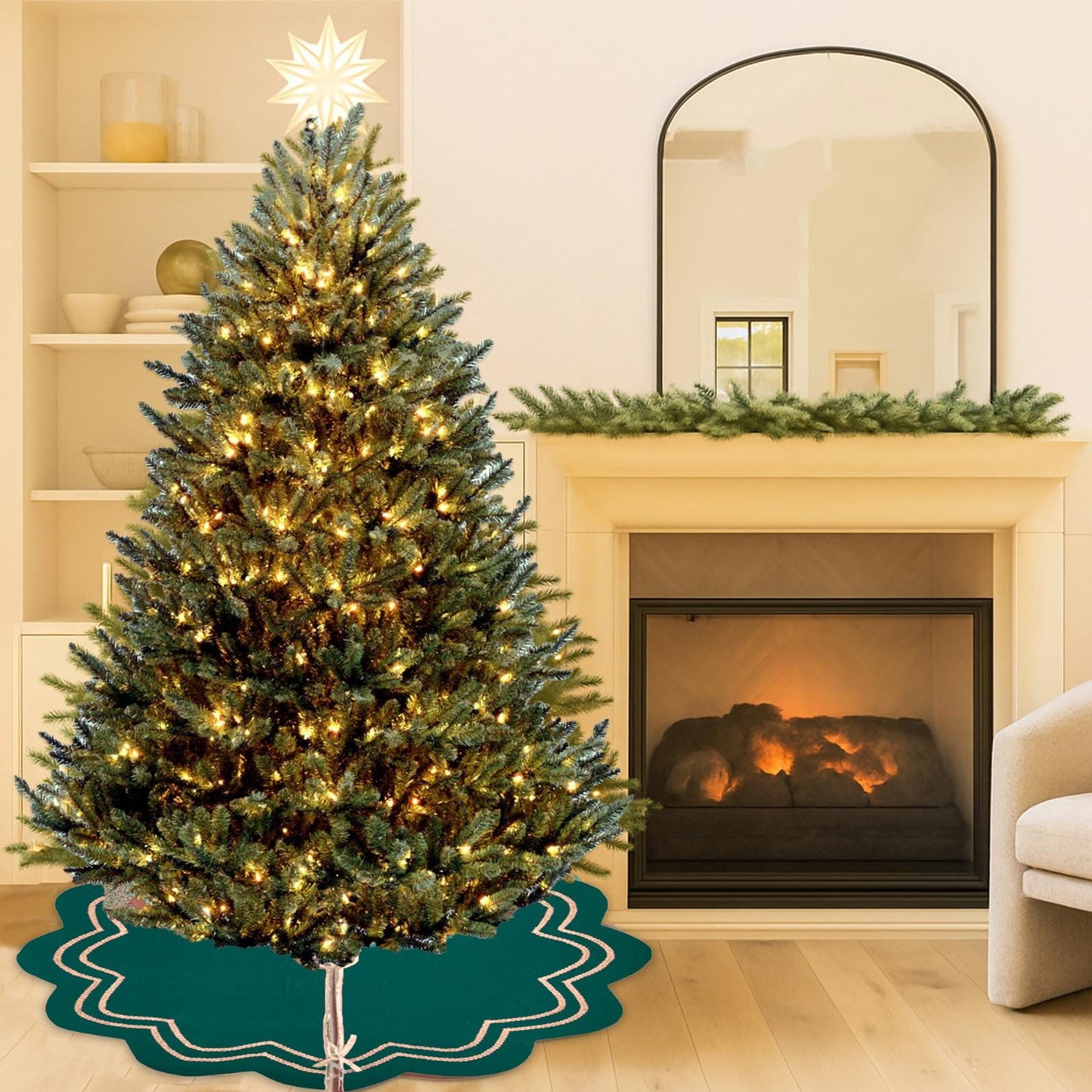 Christmas Tree Skirt Handcrafted Scallop Design ,Emerald Green  Velvet  with Gold Trim Double Layer by HOME HEART Brands(Made in India)