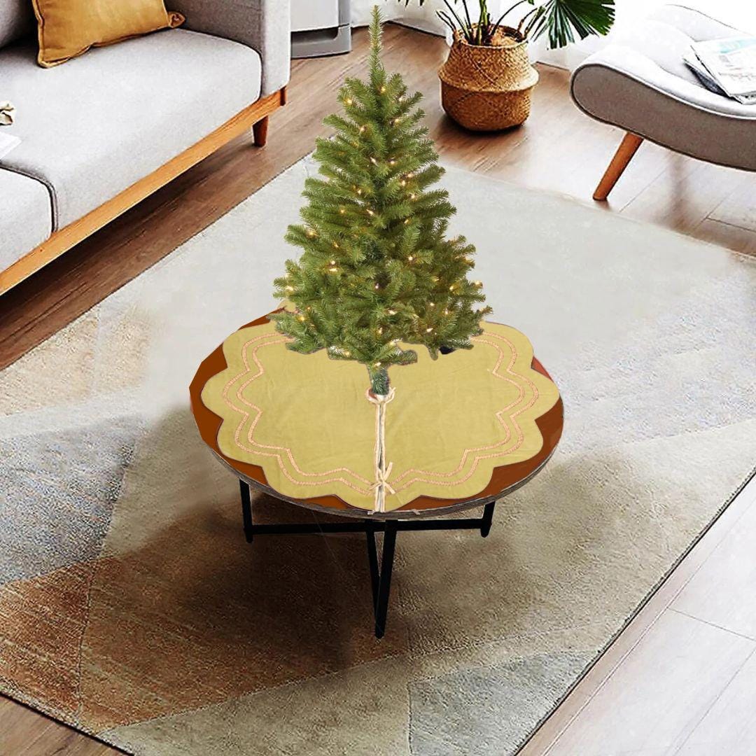 Christmas Tree Skirt Handcrafted Scallop Design ,gold beige Velvet  with Gold Trim Double Layer by HOME HEART Brands(Made in India)
