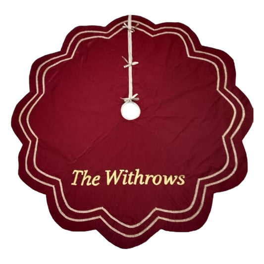 Personalized Christmas Tree Skirt burgundy red velvet with gold trim |Name Custom Embroidered Tree Skirt by HOME HEART Brands(Made in India)