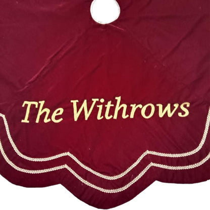 Personalized Christmas Tree Skirt burgundy red velvet with gold trim |Name Custom Embroidered Tree Skirt by HOME HEART Brands(Made in India)