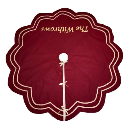 Personalized Christmas Tree Skirt burgundy red velvet with gold trim |Name Custom Embroidered Tree Skirt by HOME HEART Brands(Made in India)