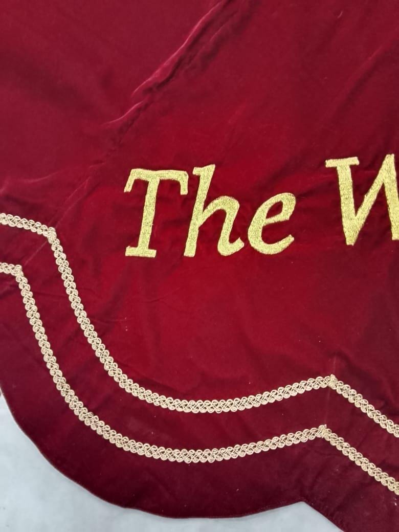 Personalized Christmas Tree Skirt burgundy red velvet with gold trim |Name Custom Embroidered Tree Skirt by HOME HEART Brands(Made in India)