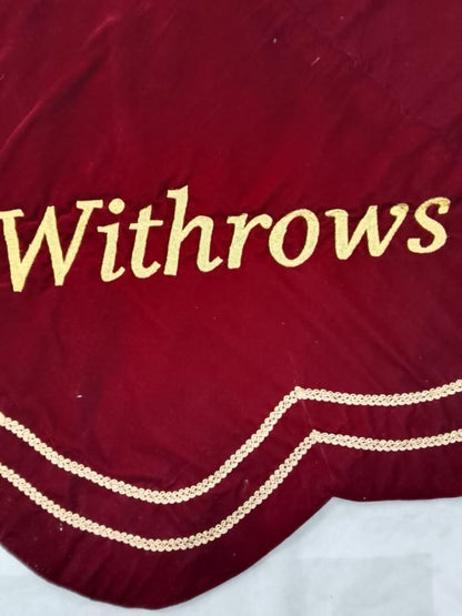 Personalized Christmas Tree Skirt burgundy red velvet with gold trim |Name Custom Embroidered Tree Skirt by HOME HEART Brands(Made in India)