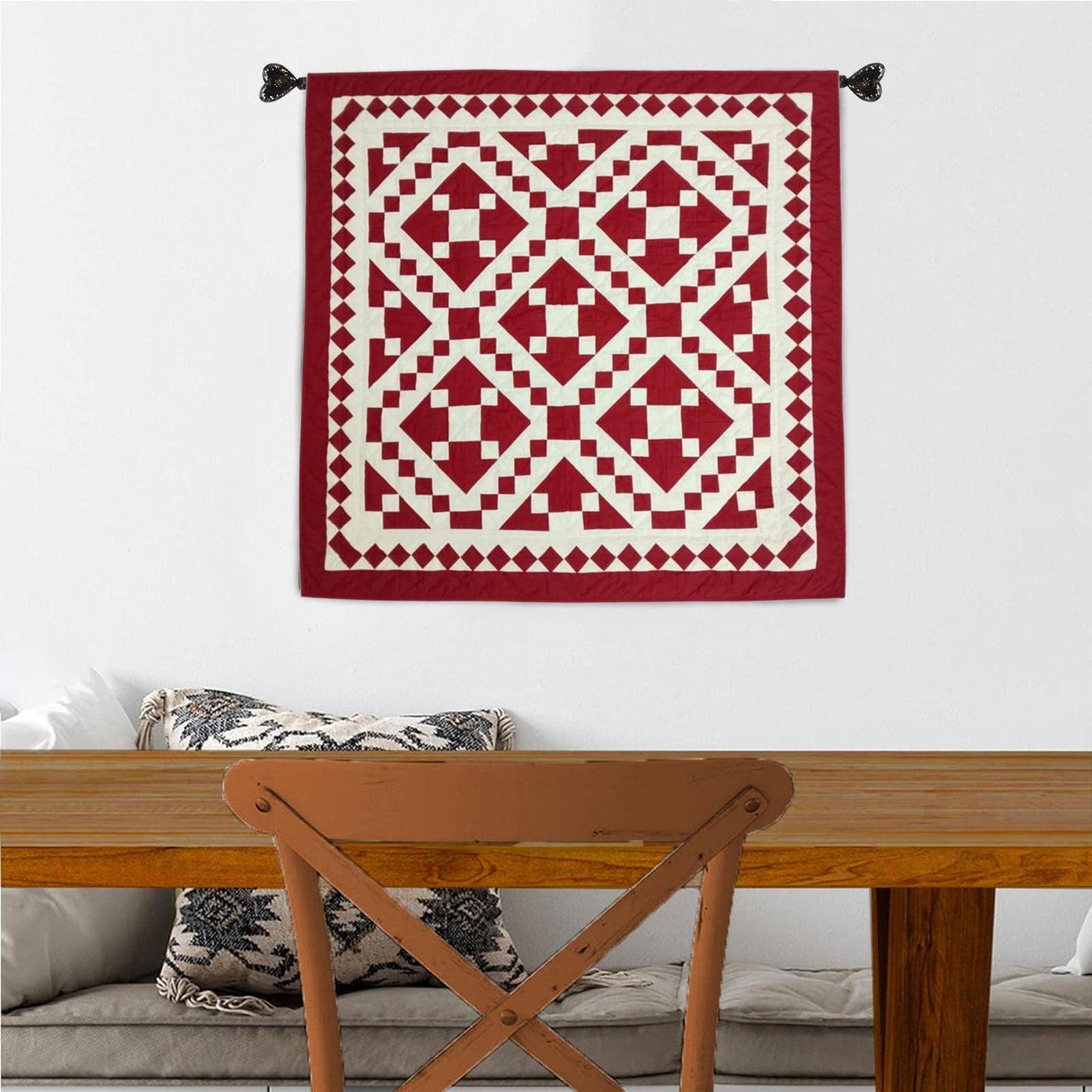 Wall hanging Hand made hand quilted quilt, Throw, Table topper Red Diamond chain square 100% Cotton Heirloom Quality by HOME HEART Brands