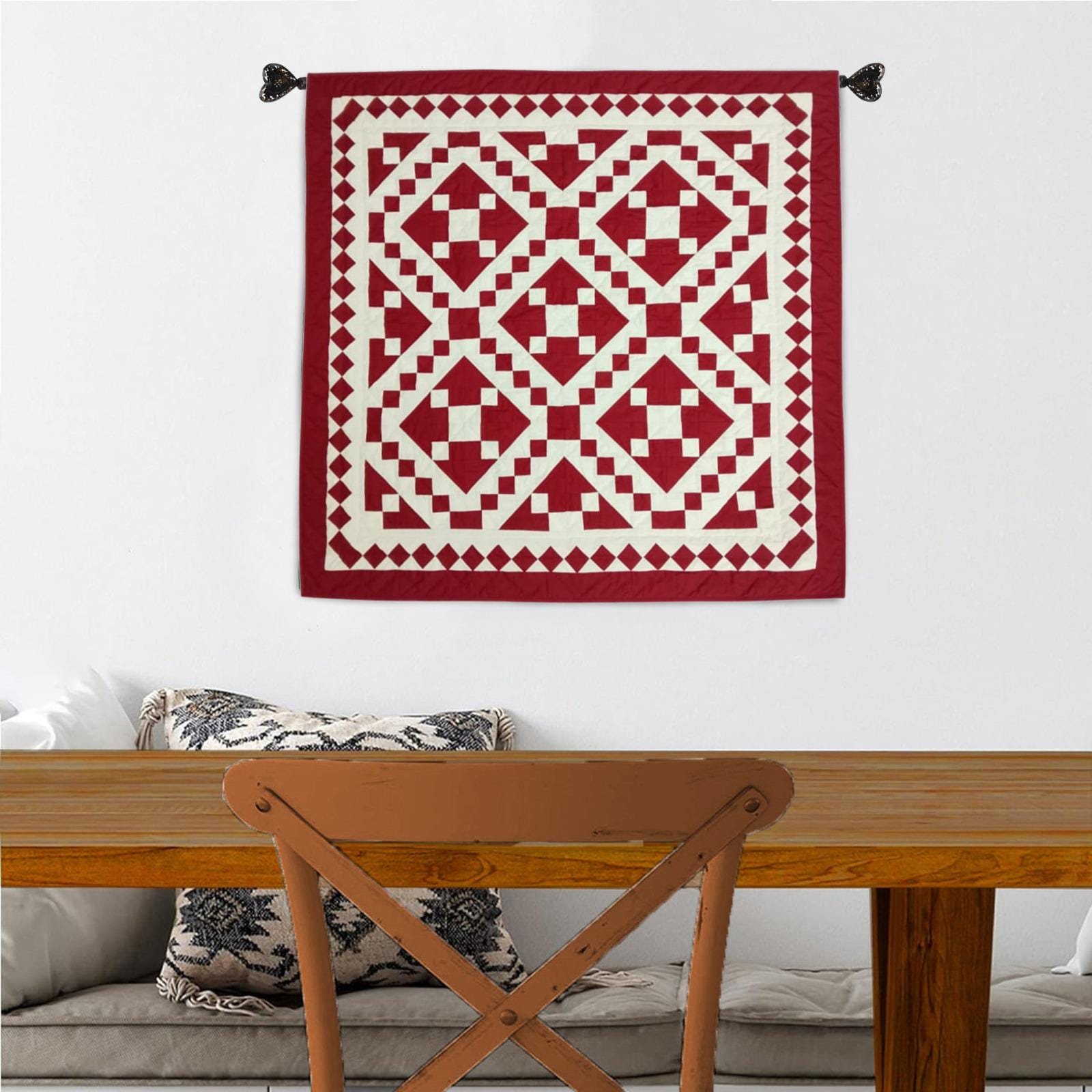 Wall hanging Hand made hand quilted quilt, Throw, Table topper Red Diamond chain square 100% Cotton Heirloom Quality by HOME HEART Brands