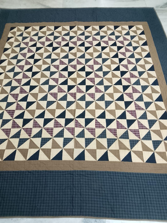 Hand quilted Indigo Country Pinwheel patchwork Quilt 90x100 | Farmhouse Bedspread | Surgical Cotton Plaid Backing by HOME HEART BRANDS