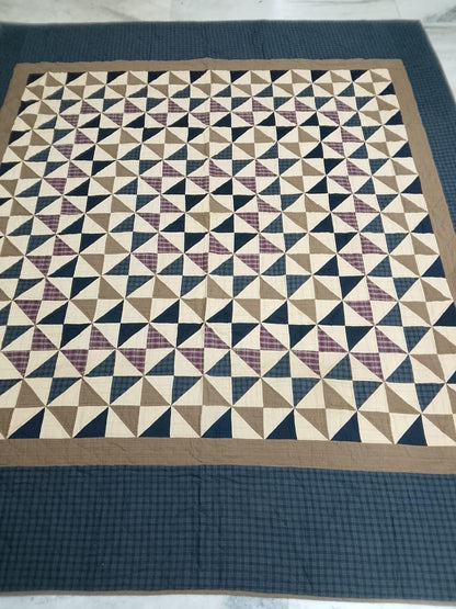 Hand quilted Indigo Country Pinwheel patchwork Quilt 90x100 | Farmhouse Bedspread | Surgical Cotton Plaid Backing by HOME HEART BRANDS